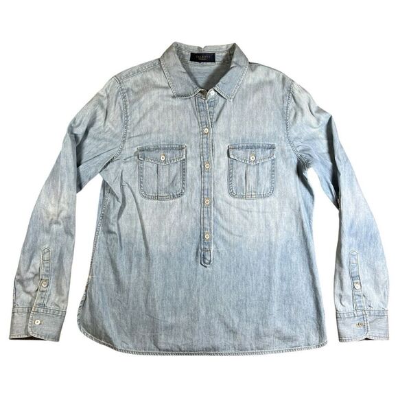 Talbots Denim Chambray Jean Blouse 1/4 Button-Up Roll Tab Long Sleeve Size Small - Picture 1 of 6